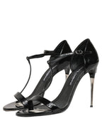 Black Leather T-strap Heels Sandals Shoes