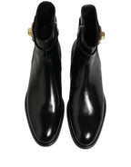 Black Leather Logo Buckle Mid Calf Boots Shoes