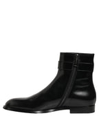 Black Leather Logo Buckle Mid Calf Boots Shoes