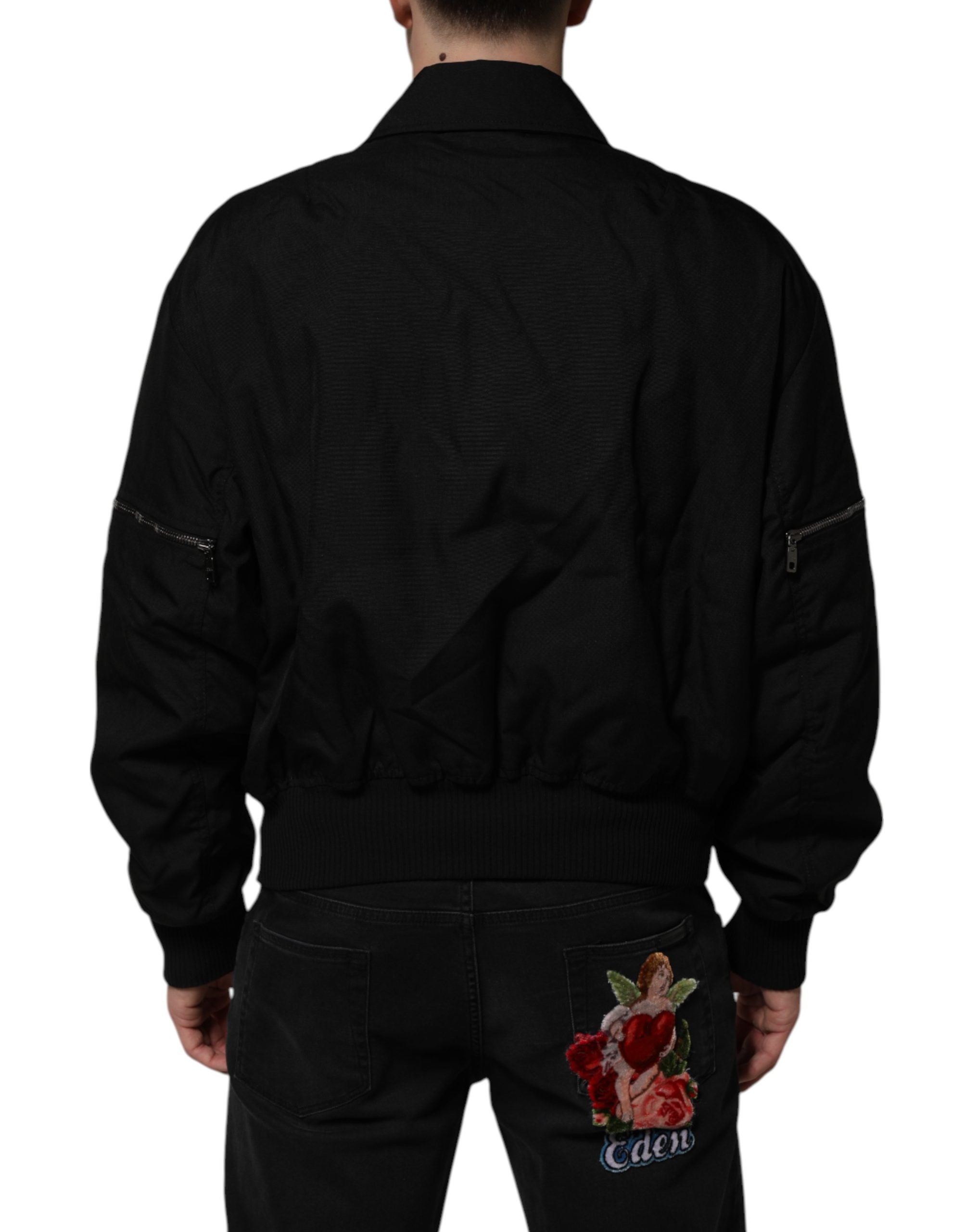 Black Nylon Full Zip Blouson Bomber Jacket