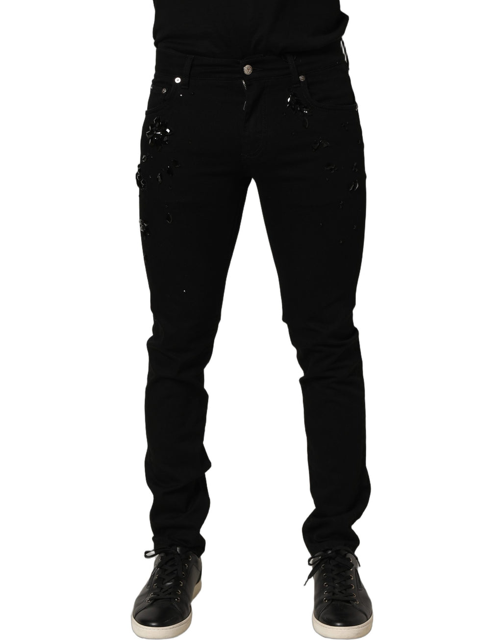 Black Embellished Cotton Skinny Denim Jeans