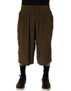 Brown Silk Mid Waist Pleated Bermuda Shorts
