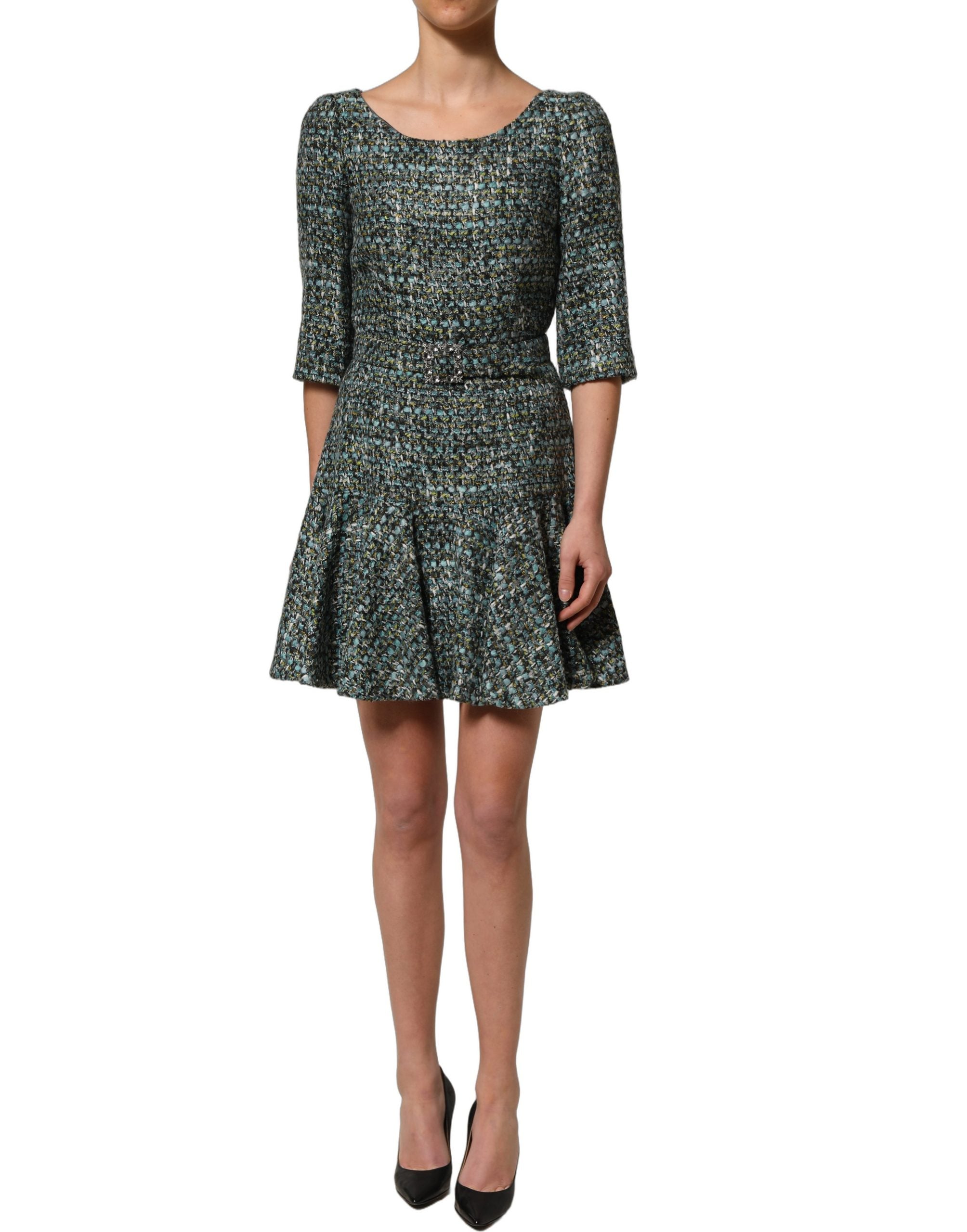 Multicolor Tweed Belted Babydoll Mini Dress