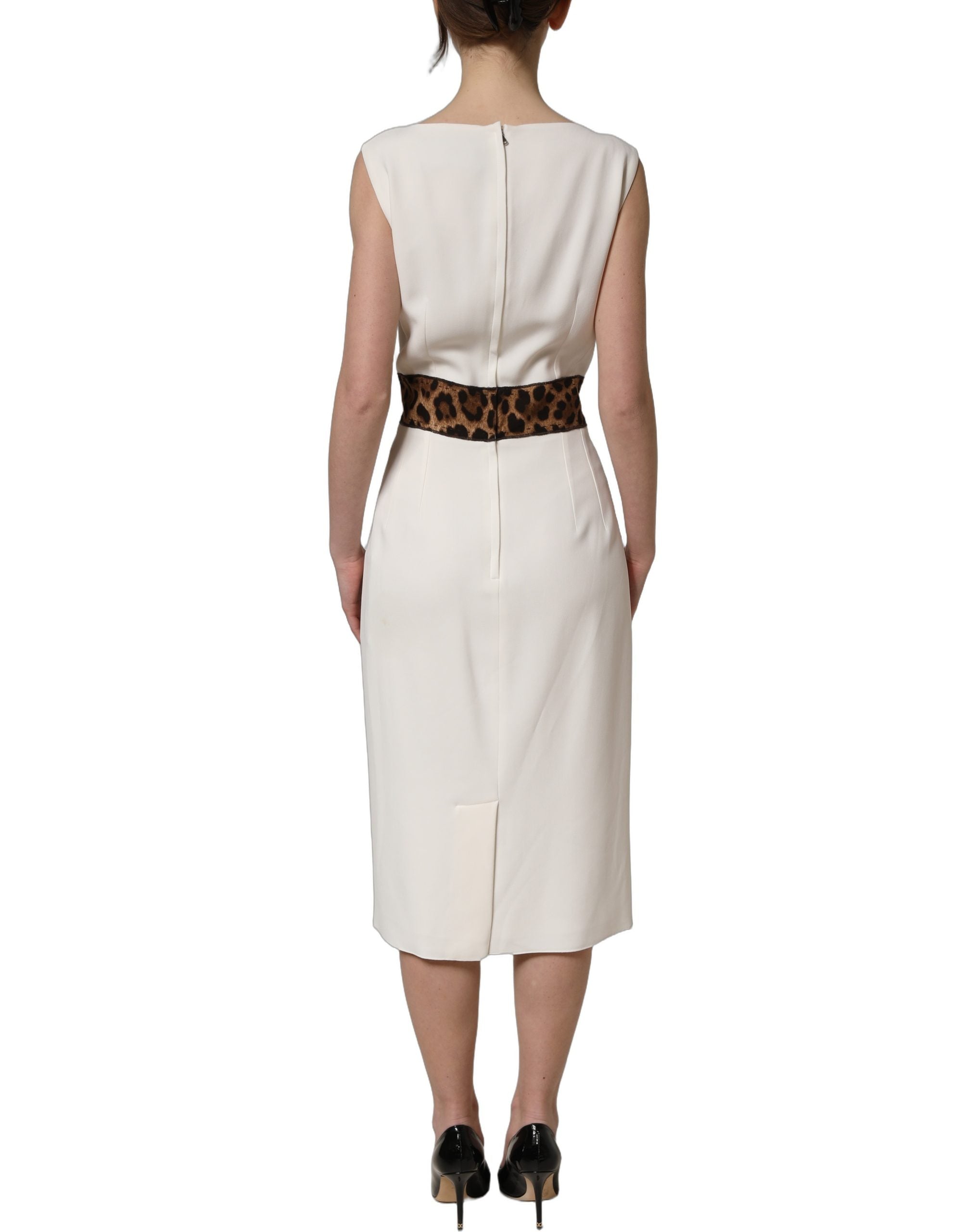 White Leopard Sleeveless Sheath Midi Dress