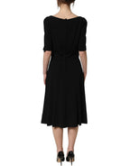 Black Viscose Short Sleeve A-line Midi Dress