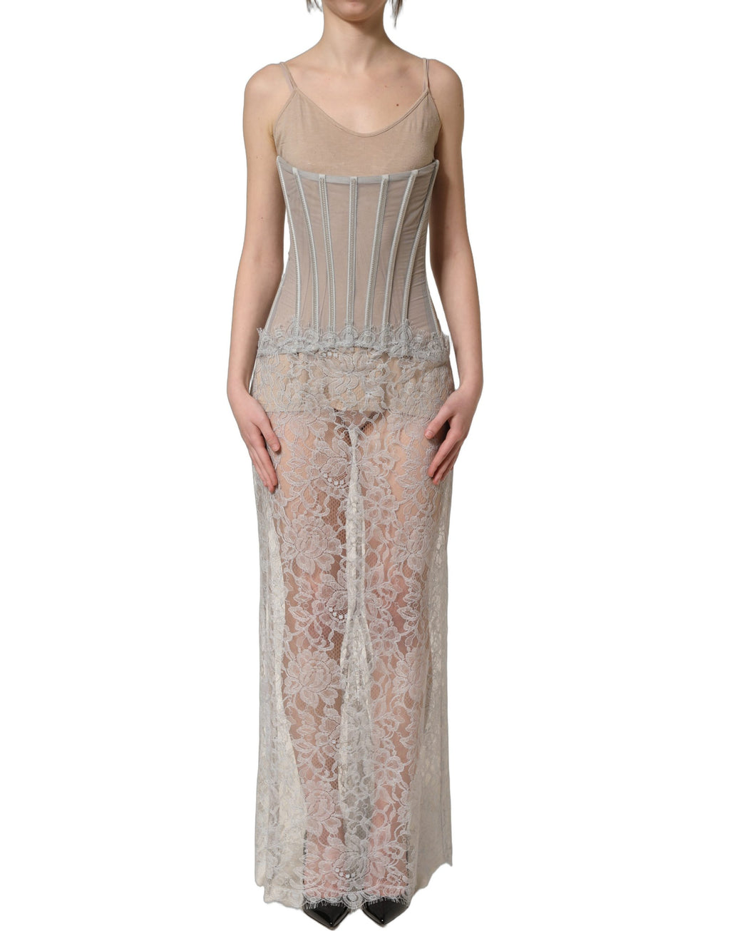 Gray Lace Corset Style Bodice Maxi Dress