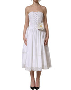 White Cotton Gabardine Bustier Midi Dress