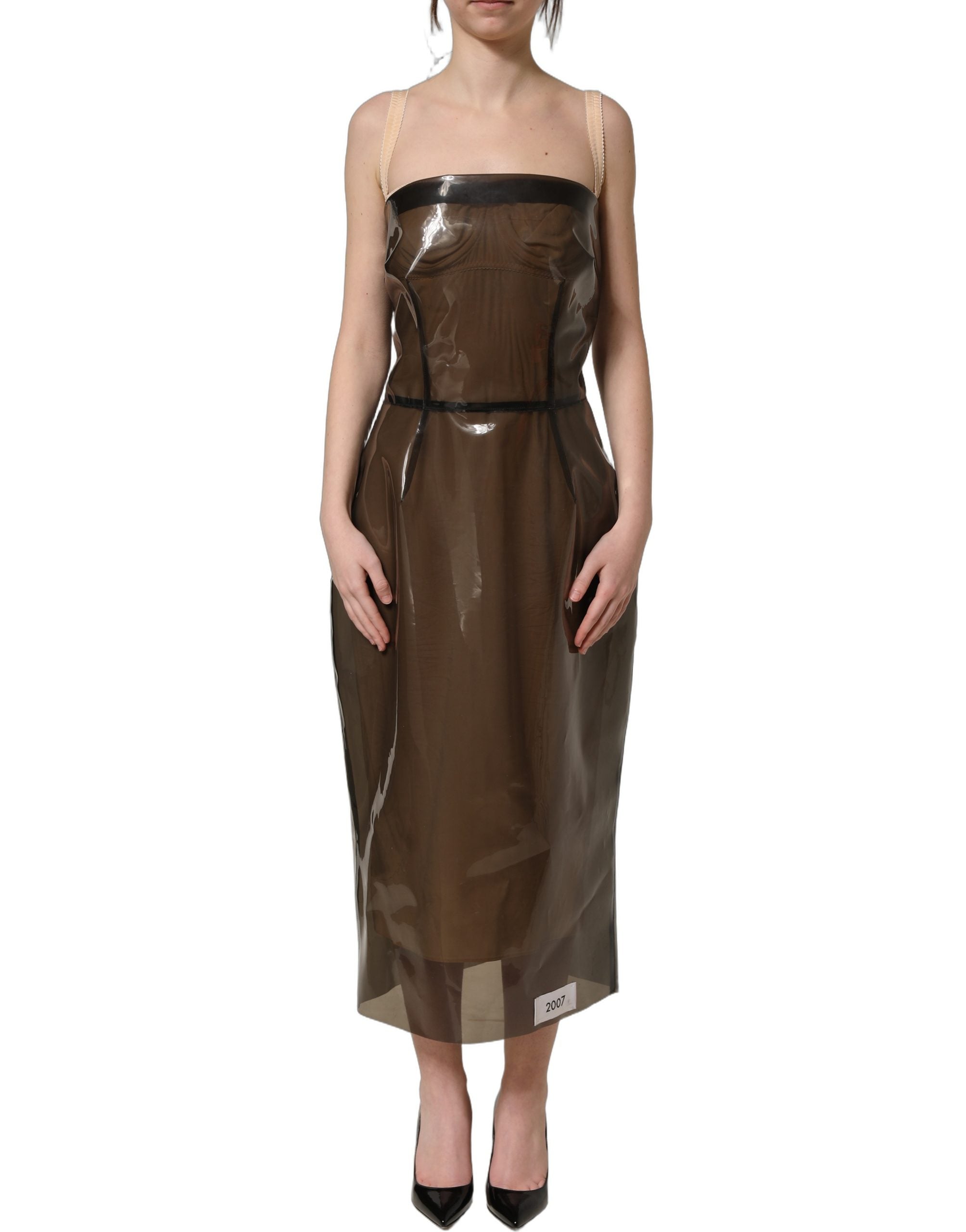 Brown Transparent Vinyl Sheath Midi Dress