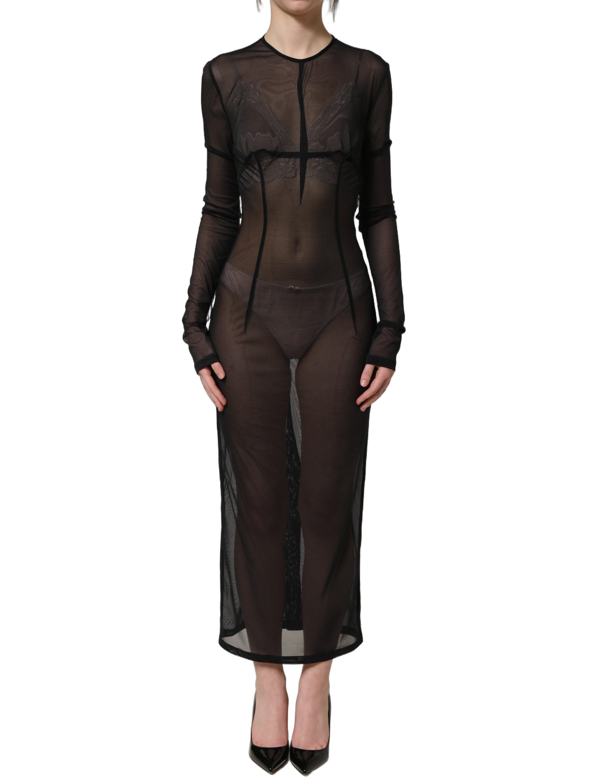 Black Long Sleeve Sheer Fitted Maxi Dress