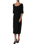 Black Viscose Cropped Sleeves Midi Dress