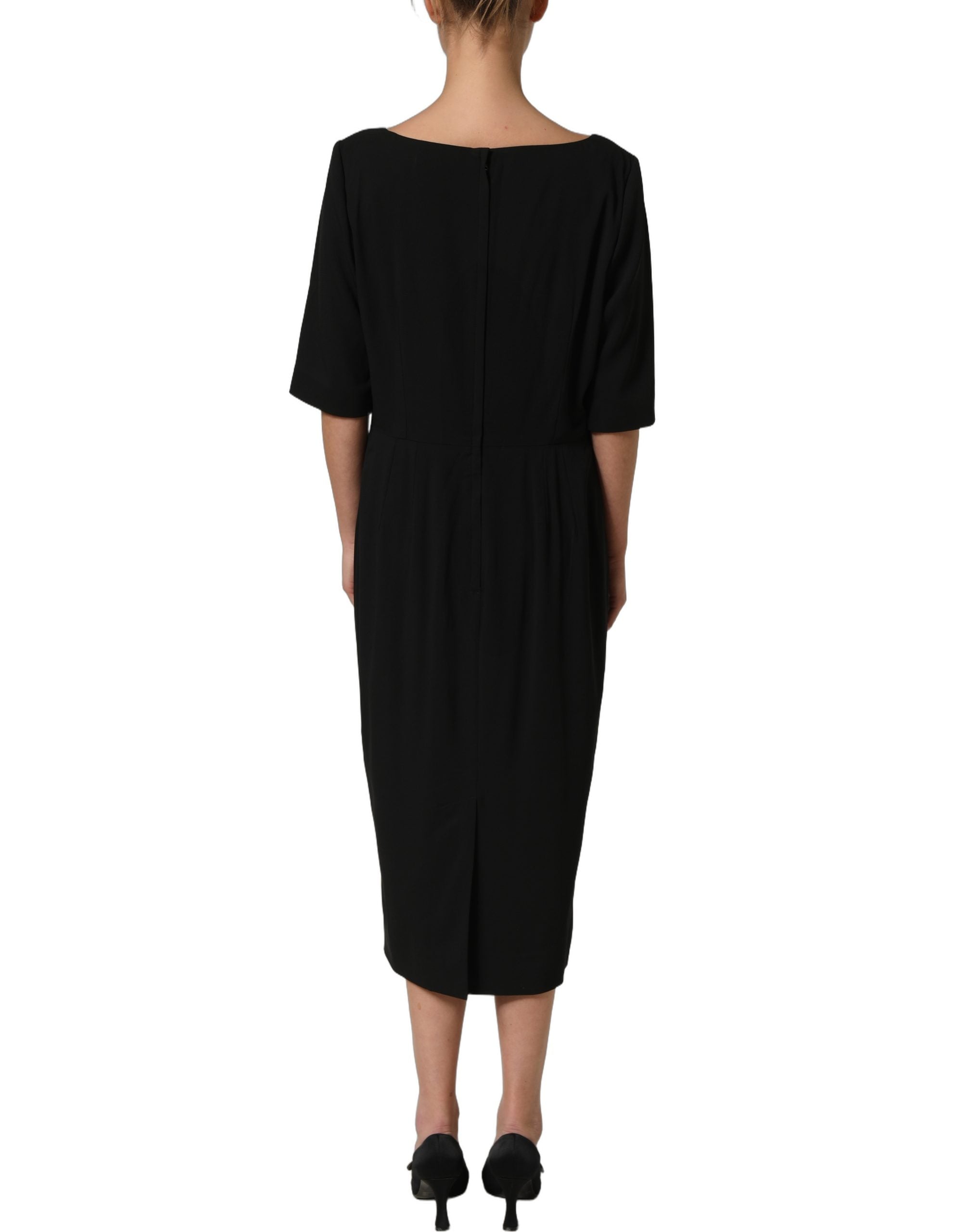 Black Viscose Cropped Sleeves Midi Dress