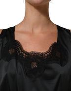 Black Polyester LaceTrim Sheath Midi Dress