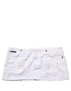 White Distressed Cotton Denim Mini Skirt