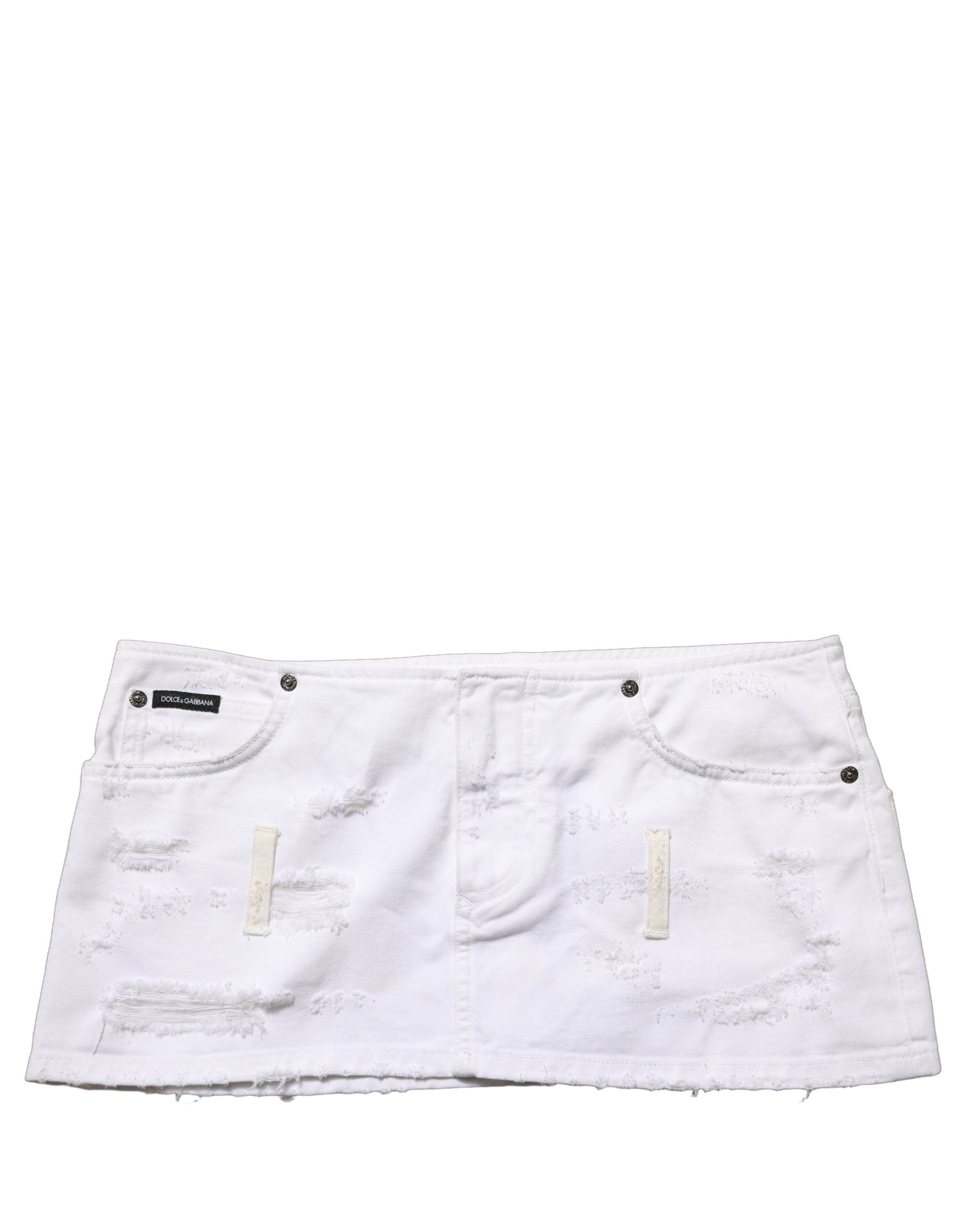 White Distressed Cotton Denim Mini Skirt