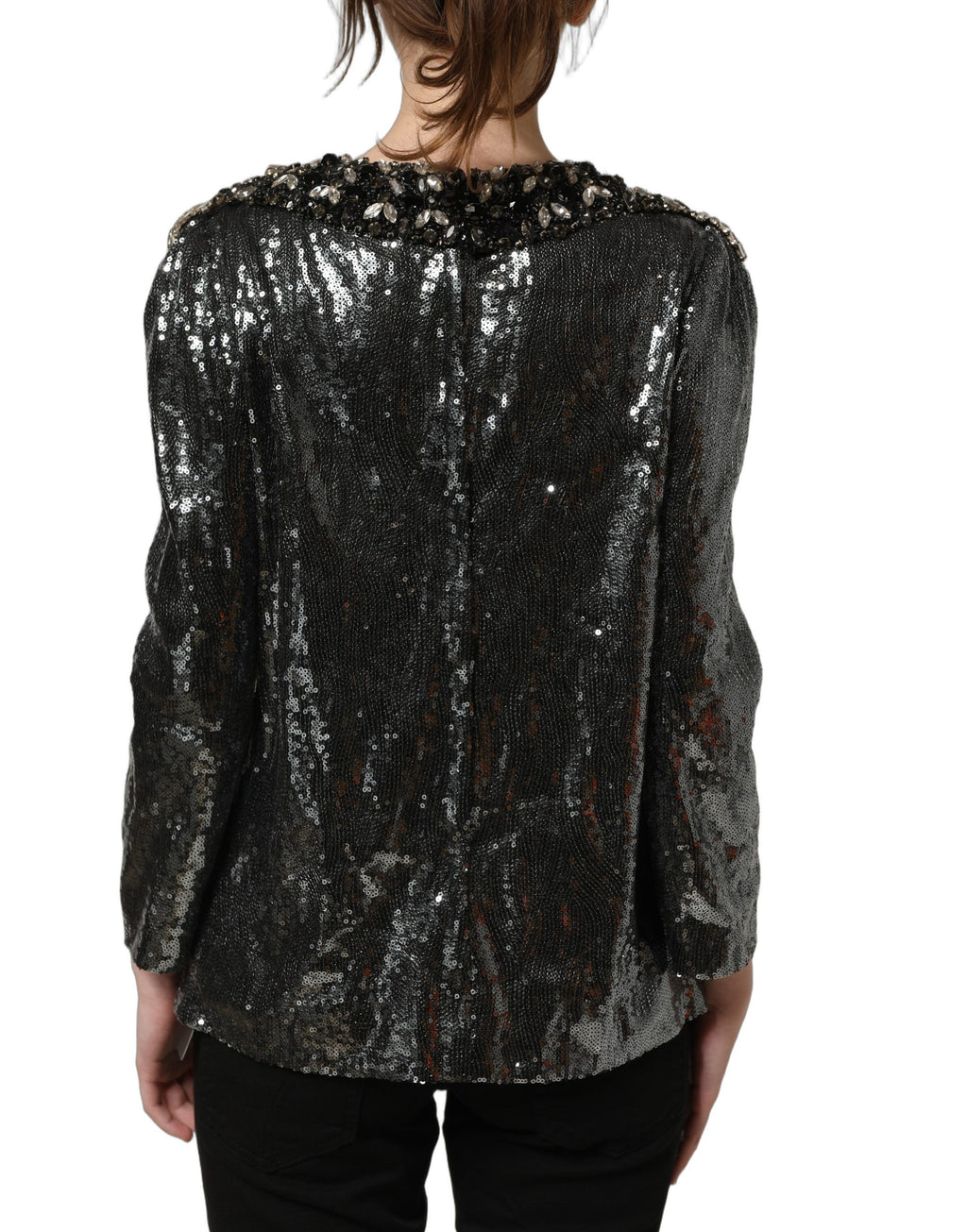 Metallic Gray Sequin Embellished Blouse Top