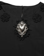 Black Floral Silk Heart Appliqué Blouse Top