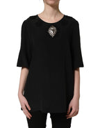 Black Floral Silk Heart Appliqué Blouse Top