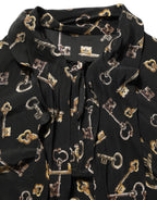 Black Keys Print Silk Tie Neck Blouse Top