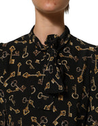 Black Keys Print Silk Tie Neck Blouse Top