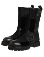 Black Patchwork Leather Mid Calf Boots Shoes