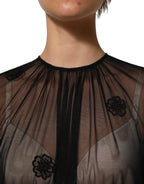 Black Polyester Mesh Sheer Crewneck Blouse Top