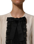 Beige Lace Trim Bow Short Sleeves Blouse Top