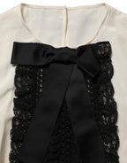 Beige Lace Trim Bow Short Sleeves Blouse Top