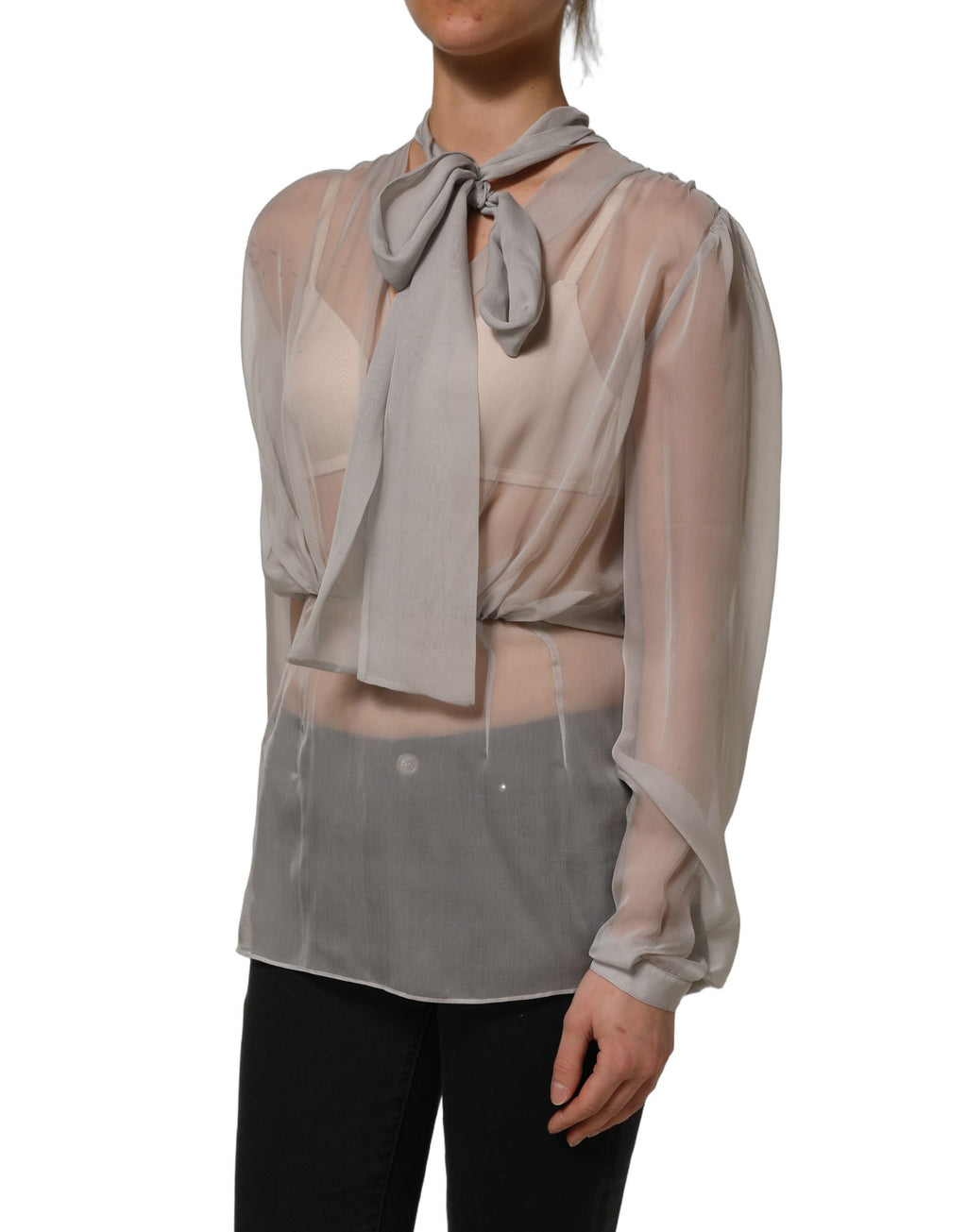 Gray Sheer Silk Chiffon Shirt Bow Collar Top