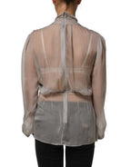 Gray Sheer Silk Chiffon Shirt Bow Collar Top
