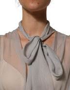 Gray Sheer Silk Chiffon Shirt Bow Collar Top