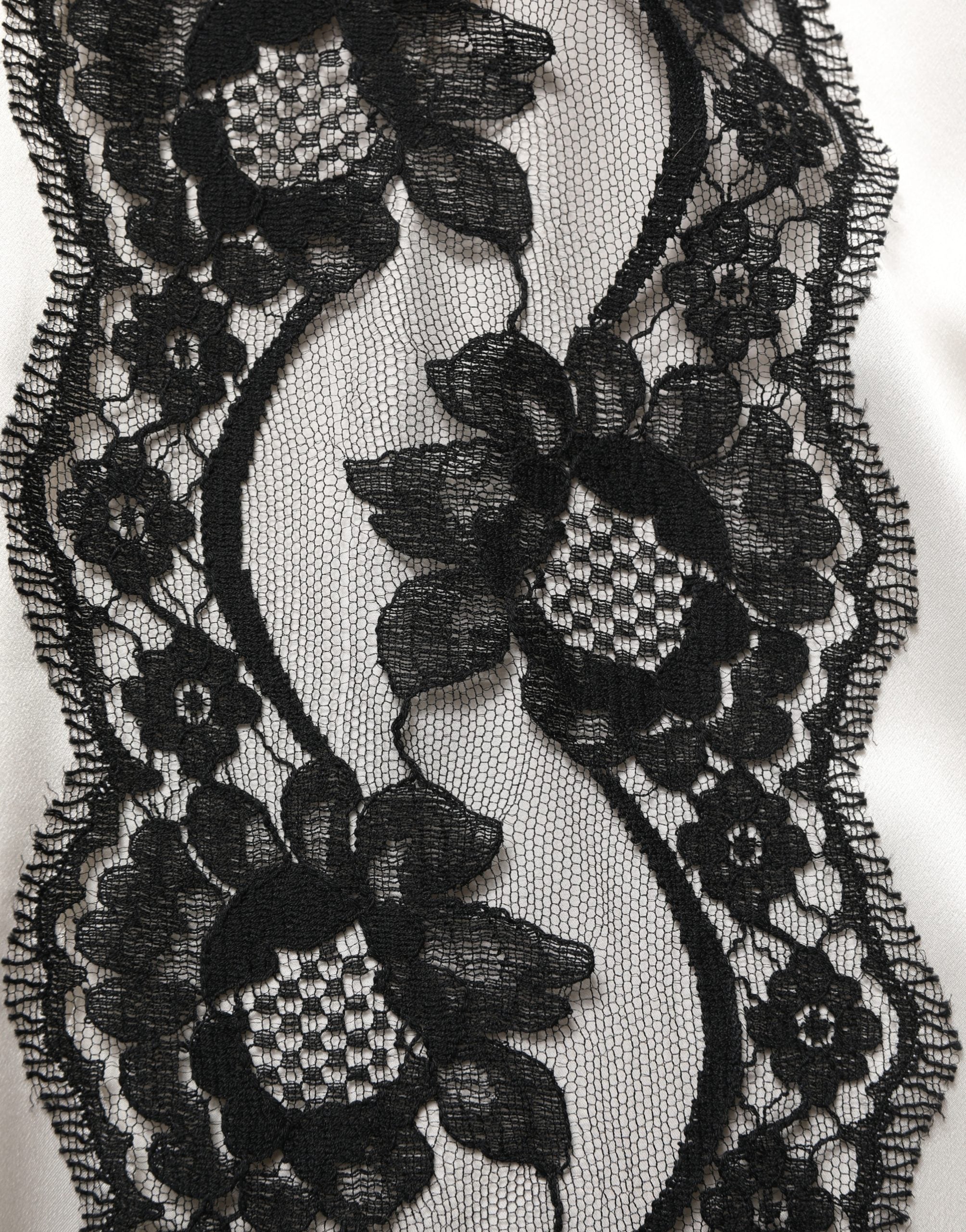 White satin Lace Trim LOng Sleeves Blouse Top