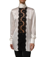 White satin Lace Trim LOng Sleeves Blouse Top