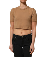 Brown Wool Short Sleeves Cropped Blouse Top