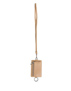 Beige Leather Logo Embossed Lanyard Card Holder Wallet