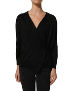 Black Silk Long Sleeves Draped Blouse Top
