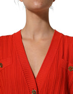 Red Wool Knit ButtonEmbellished Cardigan Sweater