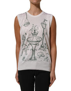 White Silk Knit Garden Fountain Print Tank Top