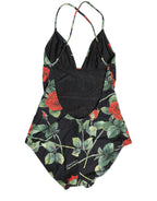 Black Floral Print One Piece Swimsuit Swimwear