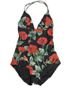 Black Floral Print One Piece Swimsuit Swimwear
