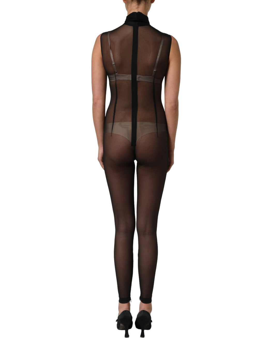 Black Sheer Mesh Jumpsuit Turtleneck Dress