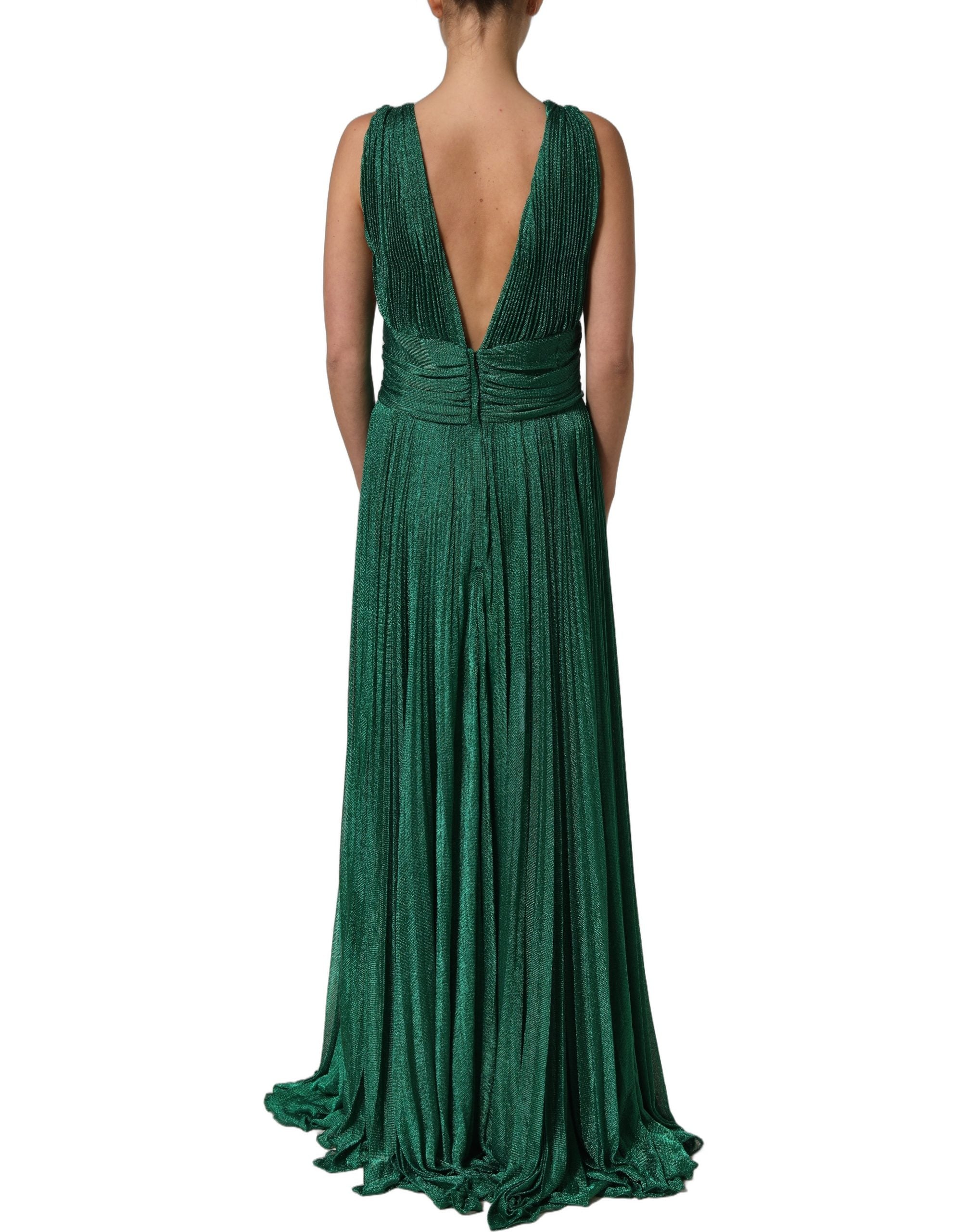 Metallic Green Sleeveless Plissé Gown Dress