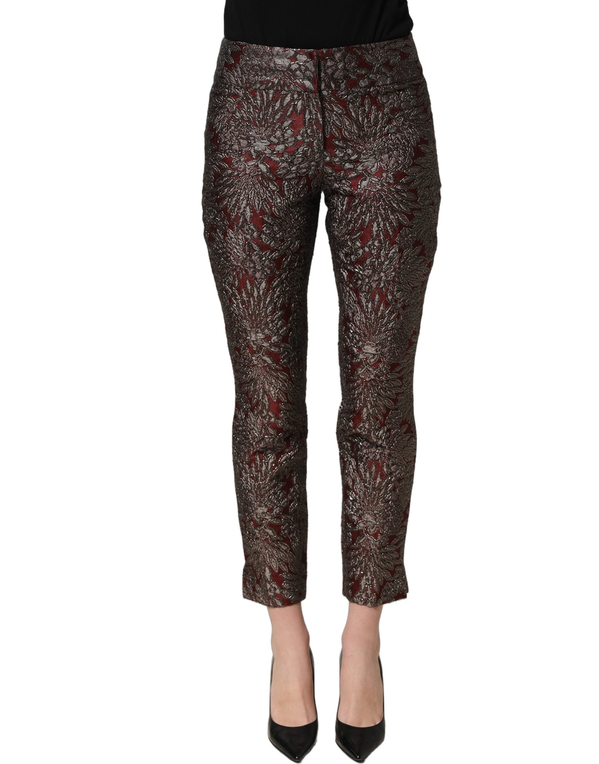 Burgundy Grey Floral Jacquard Straight Pants
