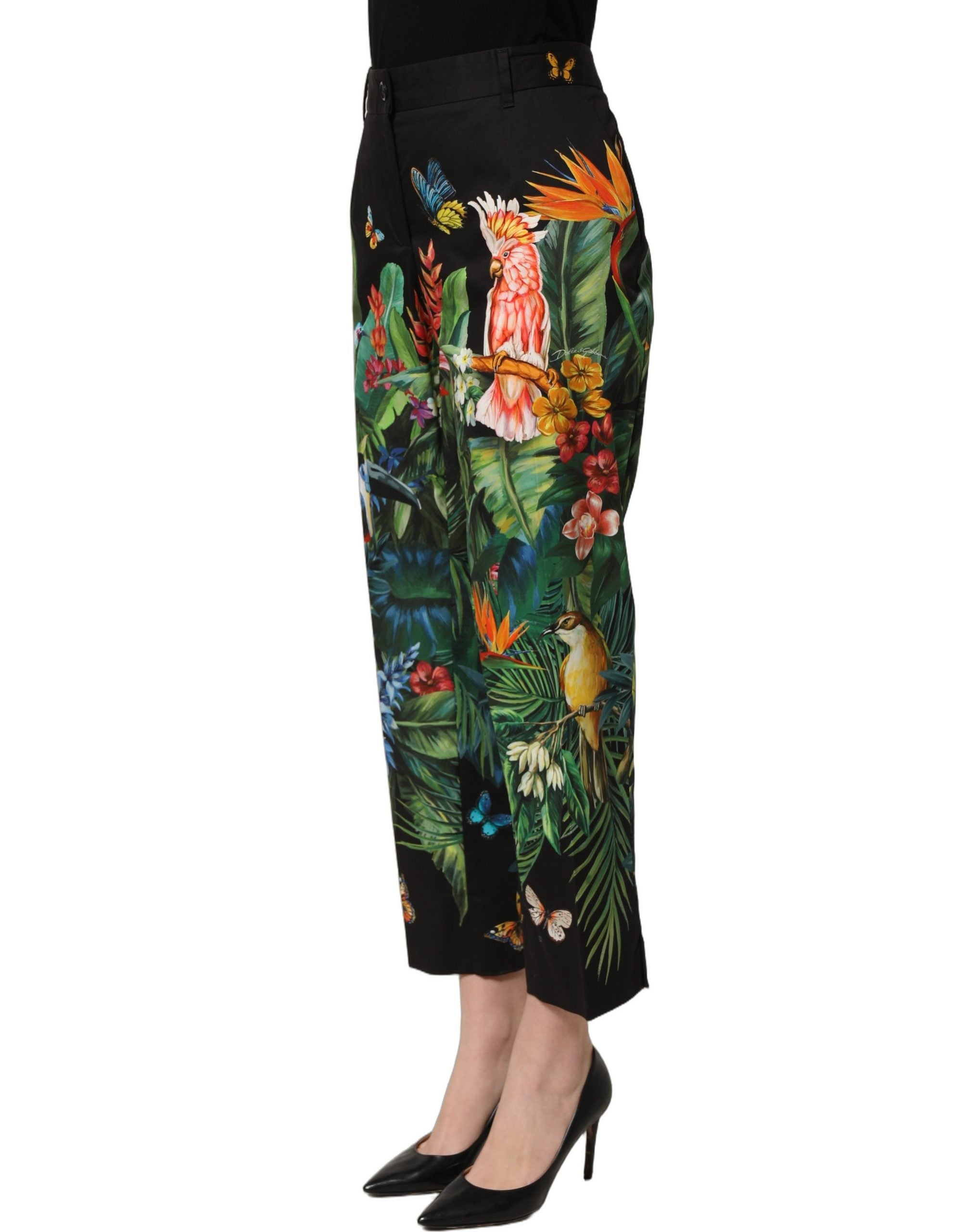 Black Tropical Print Cotton HighWaist Pants