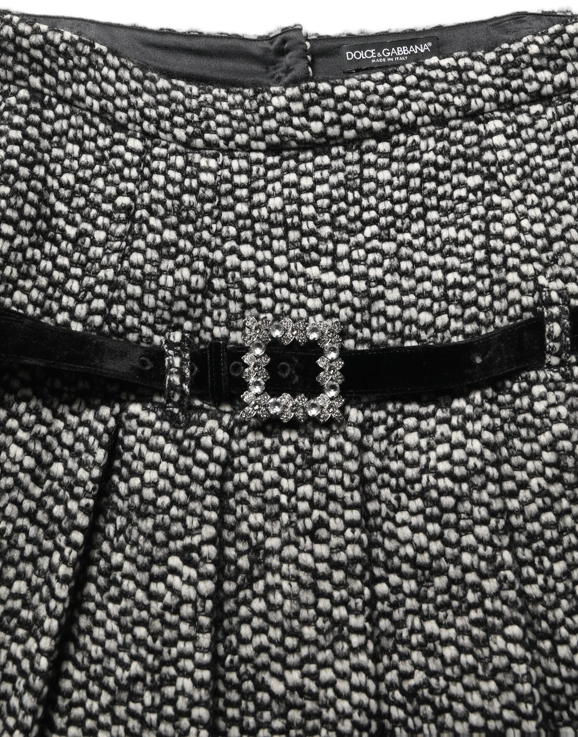 Black White Tweed High Waist Pleated Skirt