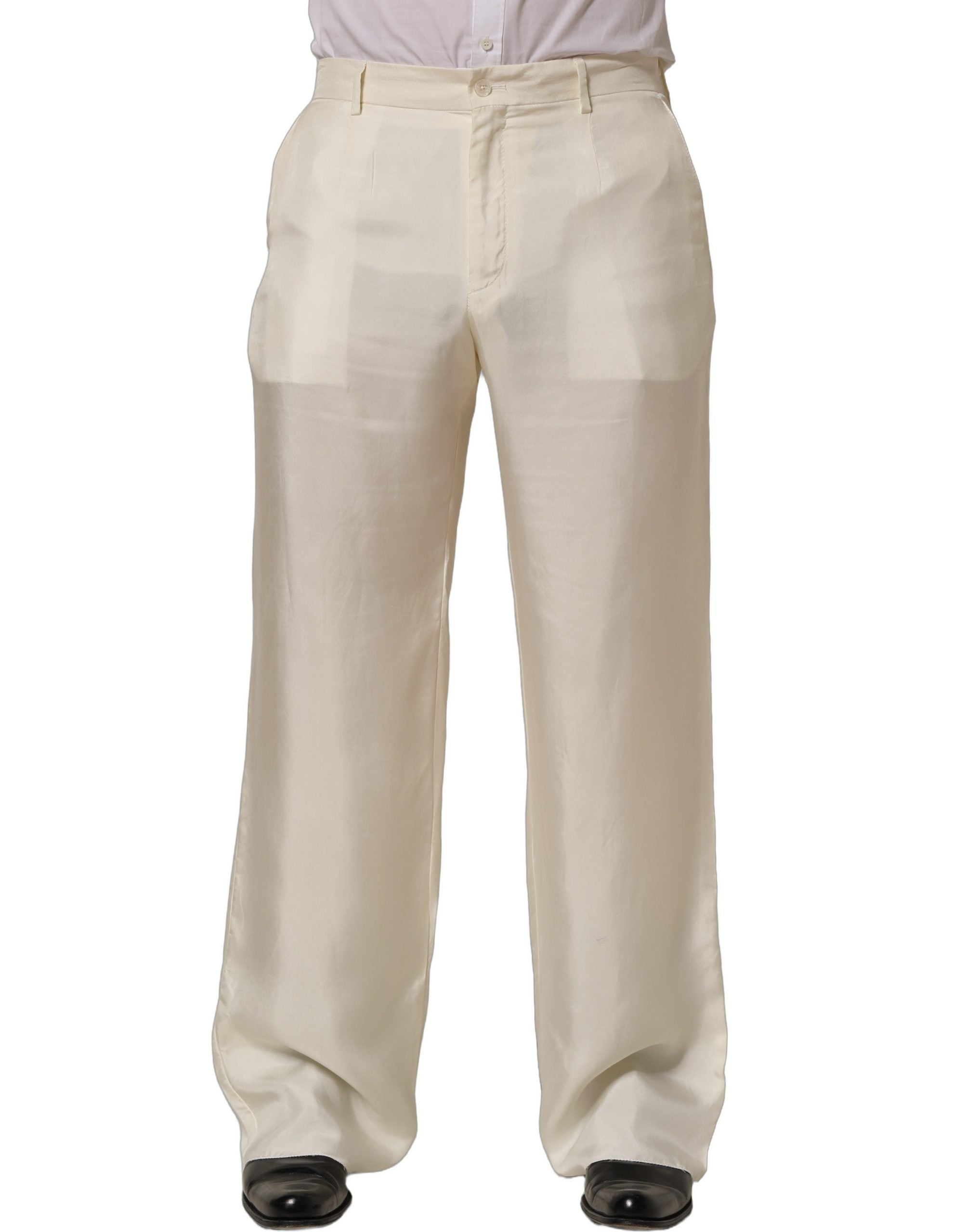 Off White Silk Straight Wide Leg Trouser Pants