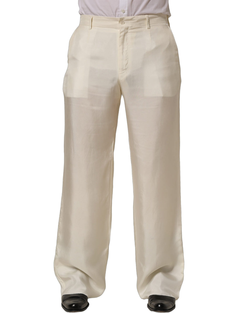 Off White Silk Straight Wide Leg Trouser Pants