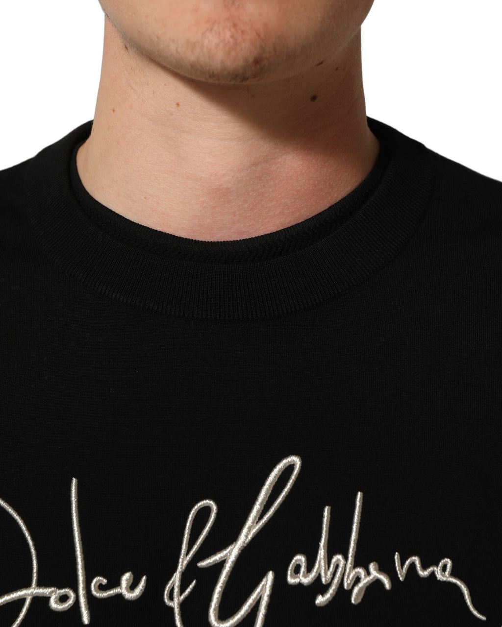 Black DG Embroidered Crew Neck Pullover Men Sweater