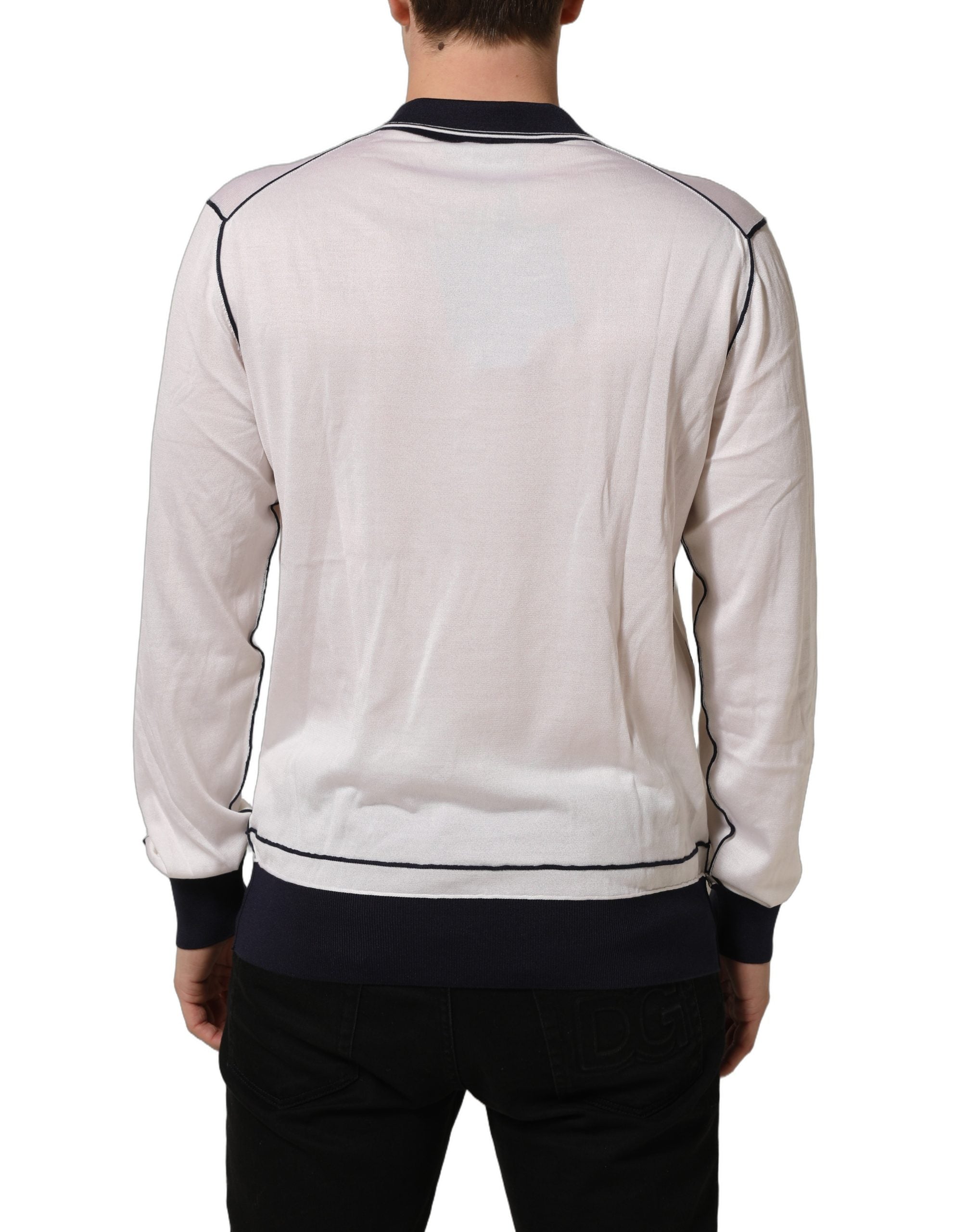 White Silk Collared Henley Pullover Sweater