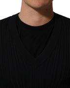 Black Silk Blend V-neck Pullover Men Sweater