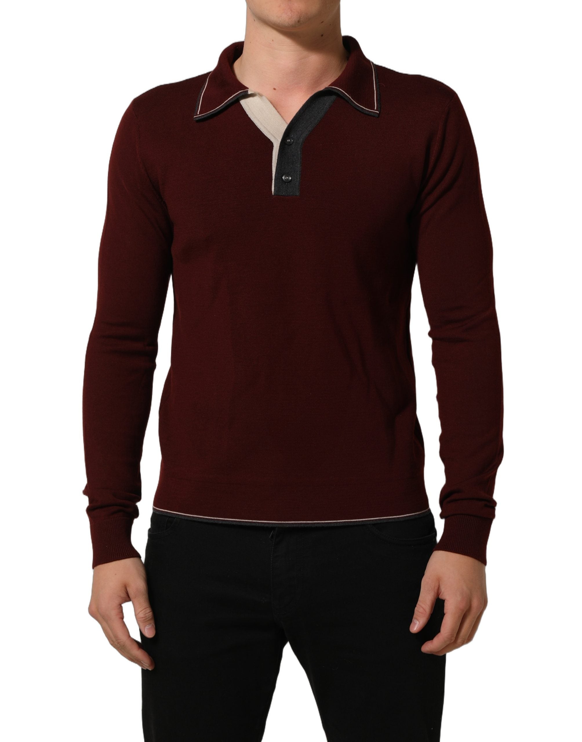 Burgundy Wool Knit Henley Pullover Sweater